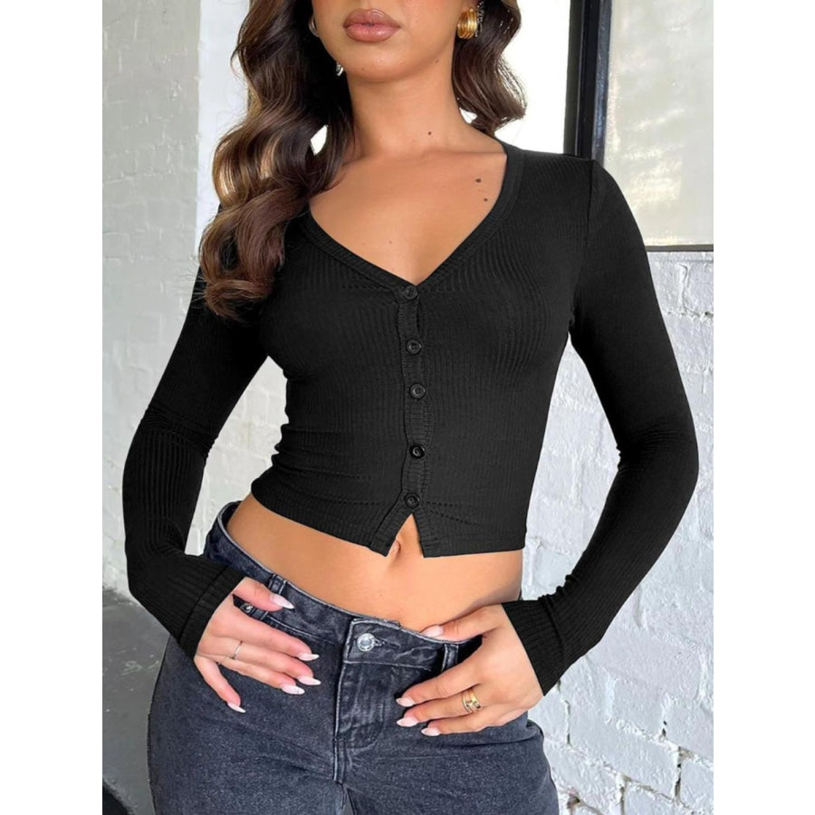 Buttoned V-Neck Long Sleeve T-Shirt Black / S Apparel and Accessories