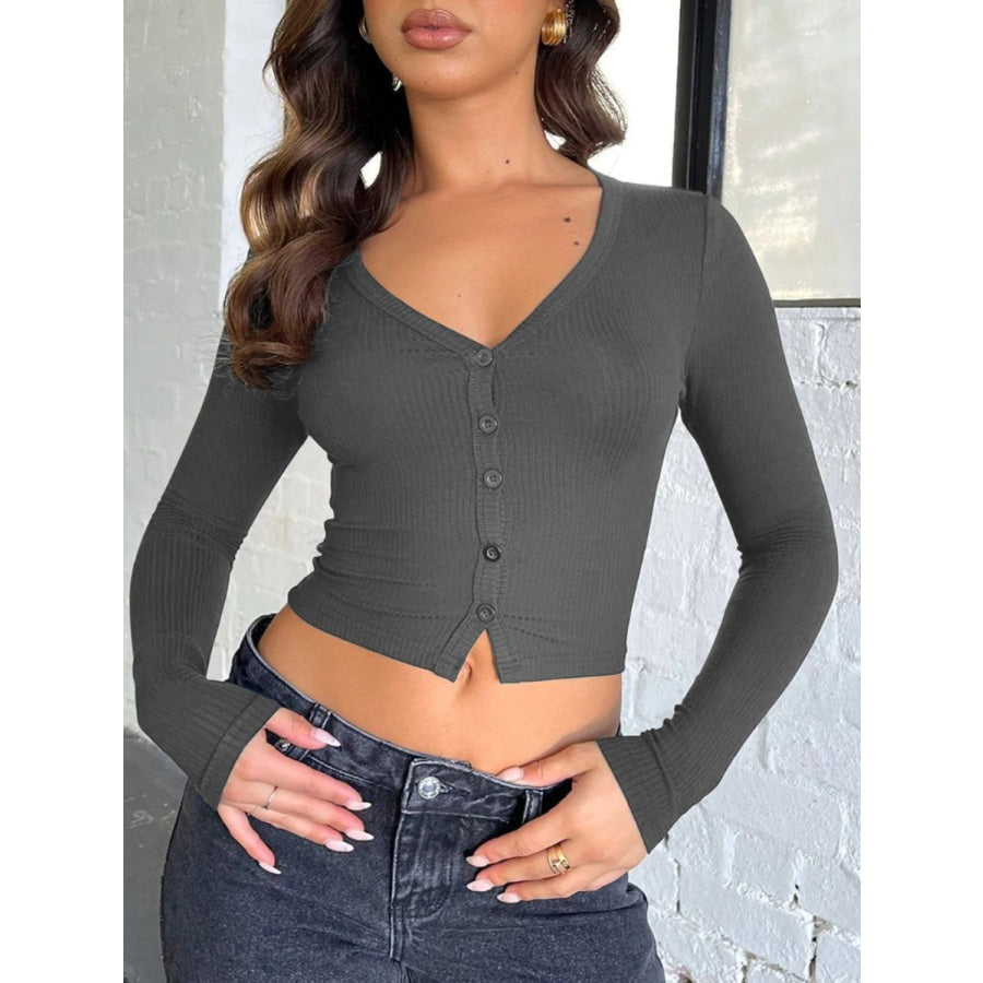 Buttoned V-Neck Long Sleeve T-Shirt Dark Gray / S Apparel and Accessories