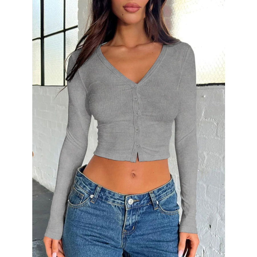 Buttoned V-Neck Long Sleeve T-Shirt Gray / S Apparel and Accessories