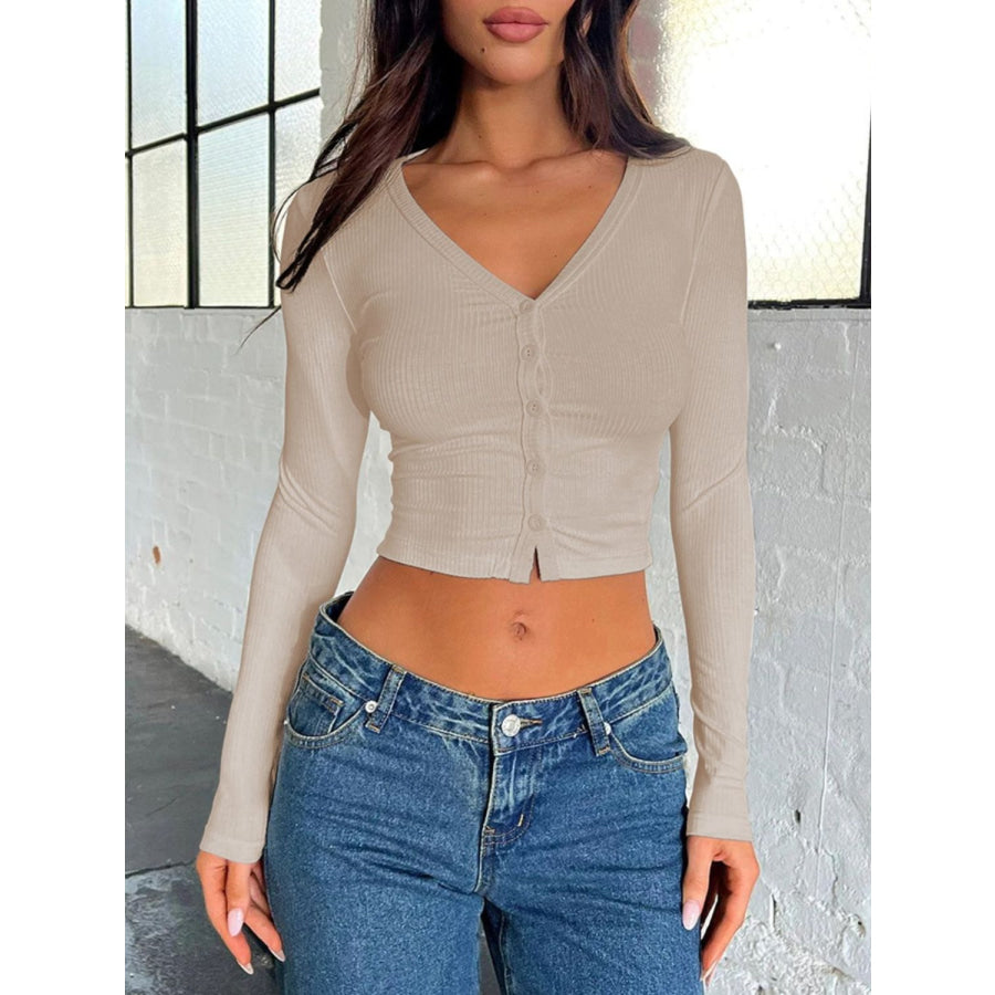 Buttoned V-Neck Long Sleeve T-Shirt Khaki / S Apparel and Accessories