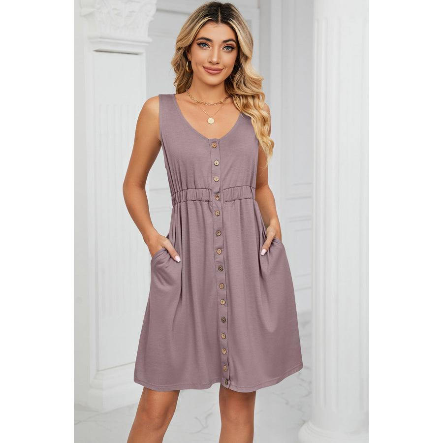 Buttoned Wide Strap Mini Dress Apparel and Accessories