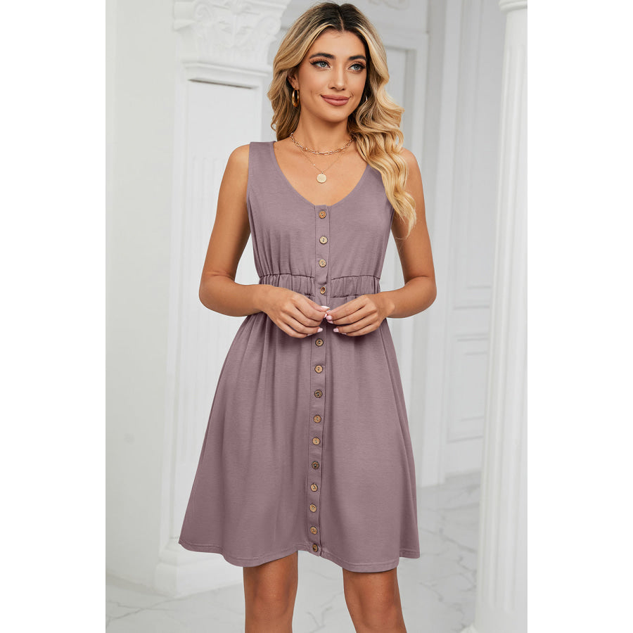 Buttoned Wide Strap Mini Dress Lilac / S Apparel and Accessories