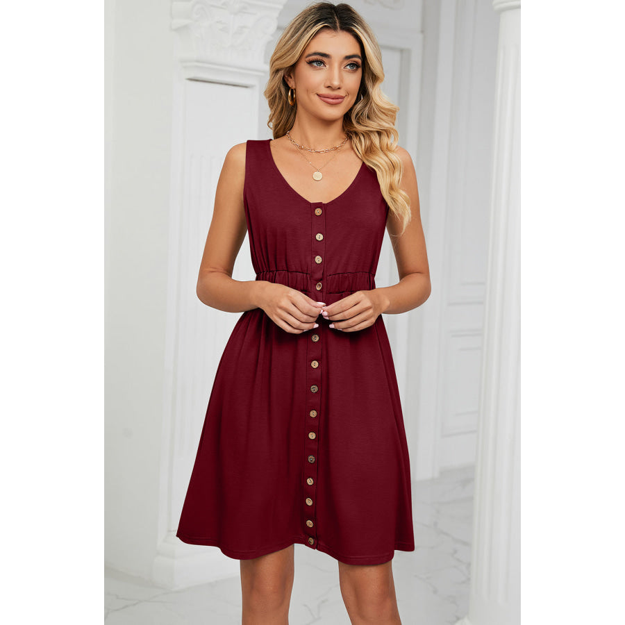 Buttoned Wide Strap Mini Dress Wine / S Apparel and Accessories