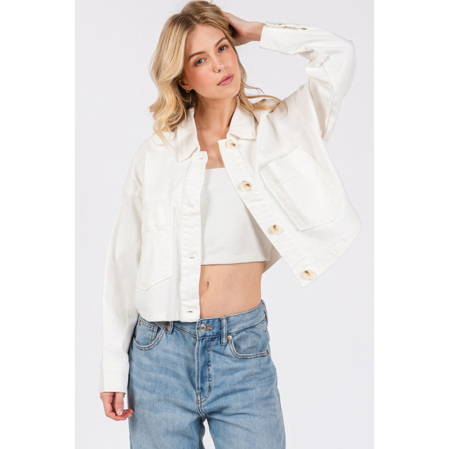 bytos Button Down Cropped Denim Jacket with Patch Pockets Apparel and Accessories