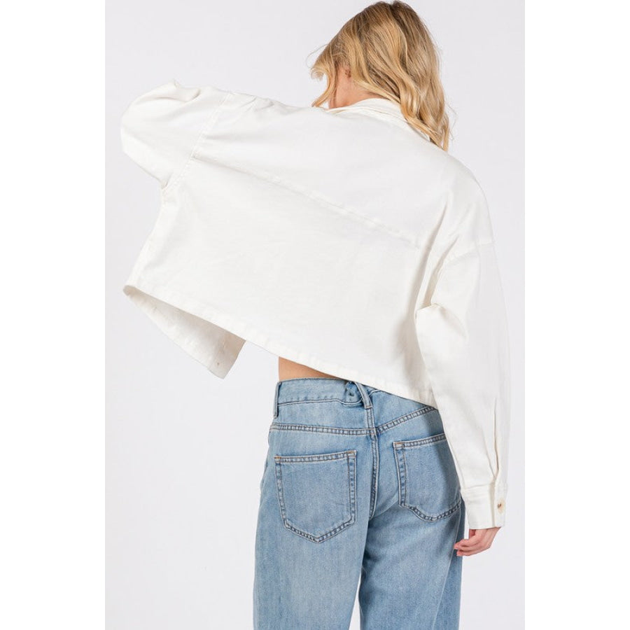 bytos Button Down Cropped Denim Jacket with Patch Pockets White / S Apparel and Accessories