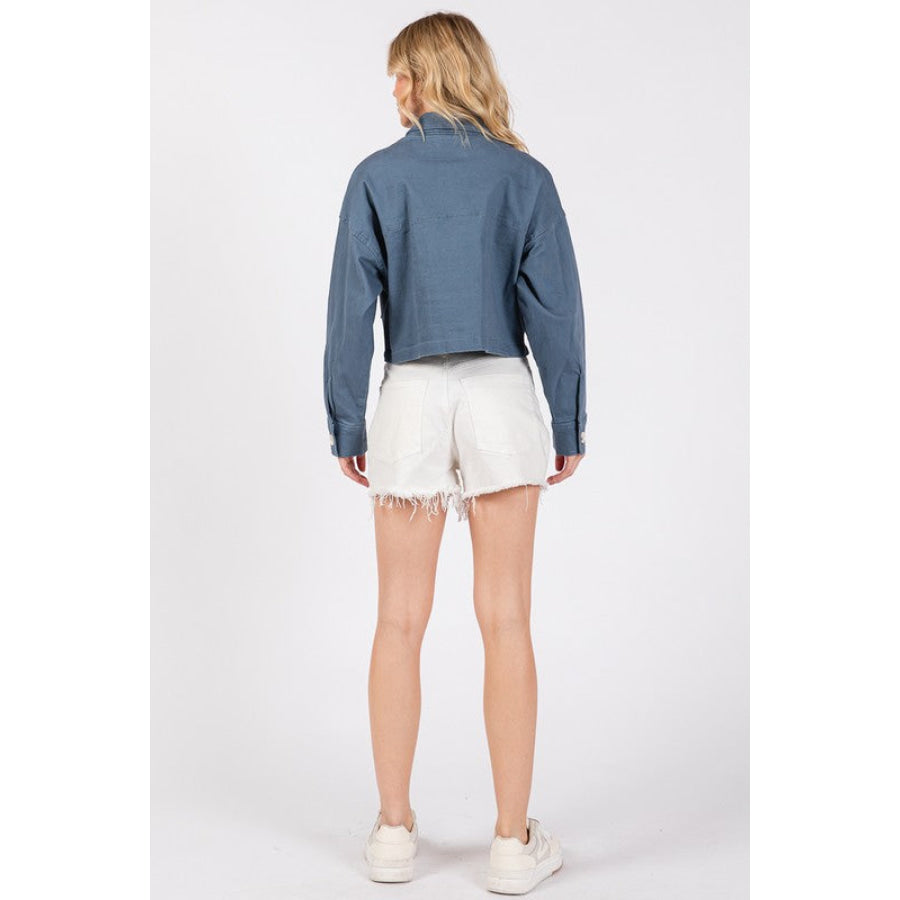 bytos Button Down Cropped Denim Jacket with Patch Pockets French Blue / S Apparel and Accessories