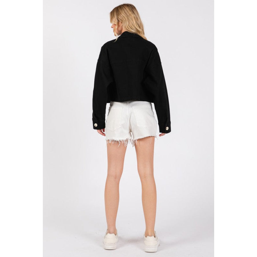 bytos Button Down Cropped Denim Jacket with Patch Pockets Black / S Apparel and Accessories