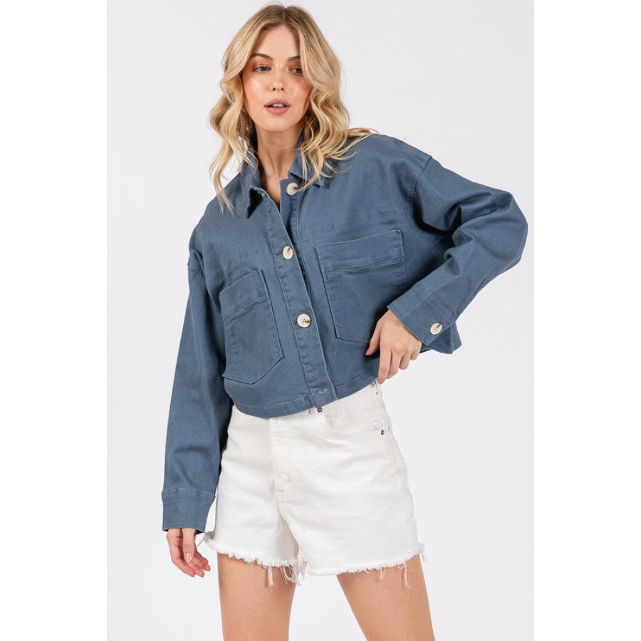 bytos Button Down Cropped Denim Jacket with Patch Pockets Apparel and Accessories