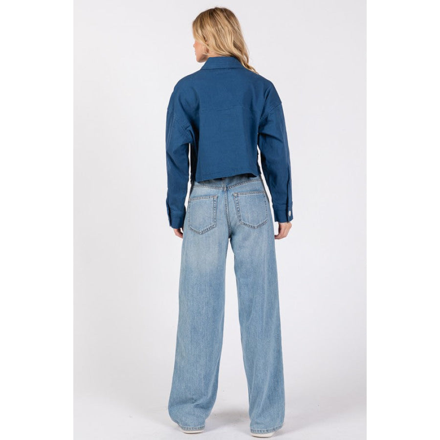 bytos Button Down Cropped Denim Jacket with Patch Pockets Peacock Blue / S Apparel and Accessories