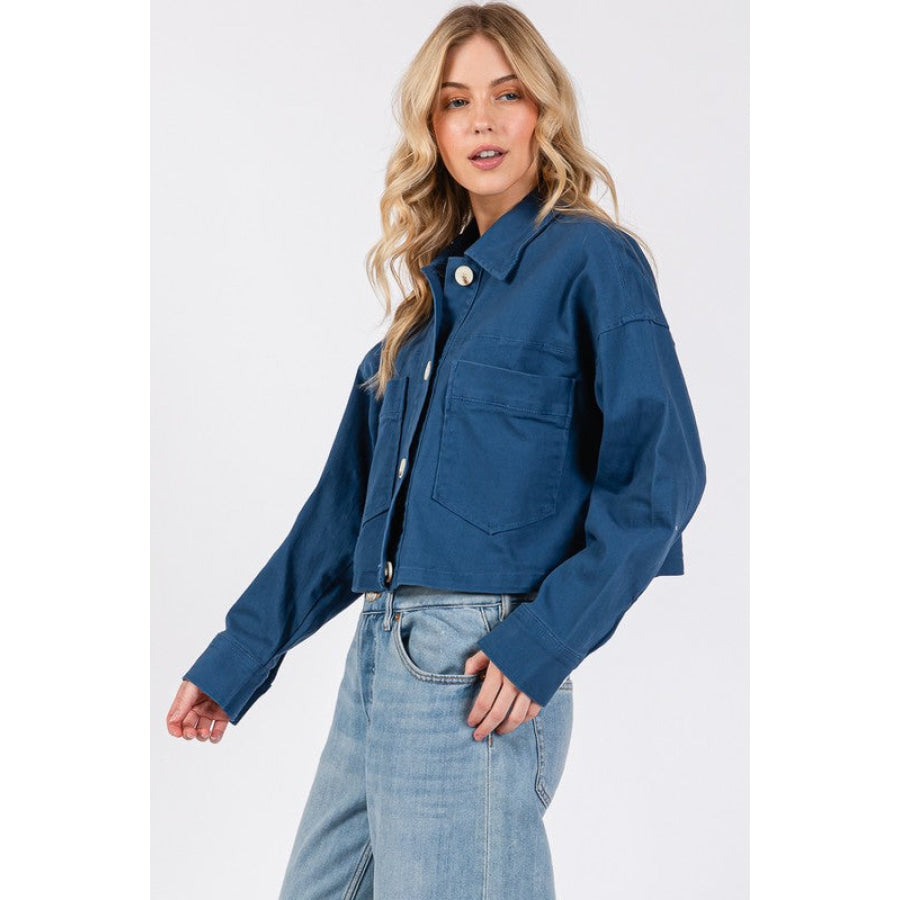 bytos Button Down Cropped Denim Jacket with Patch Pockets Apparel and Accessories