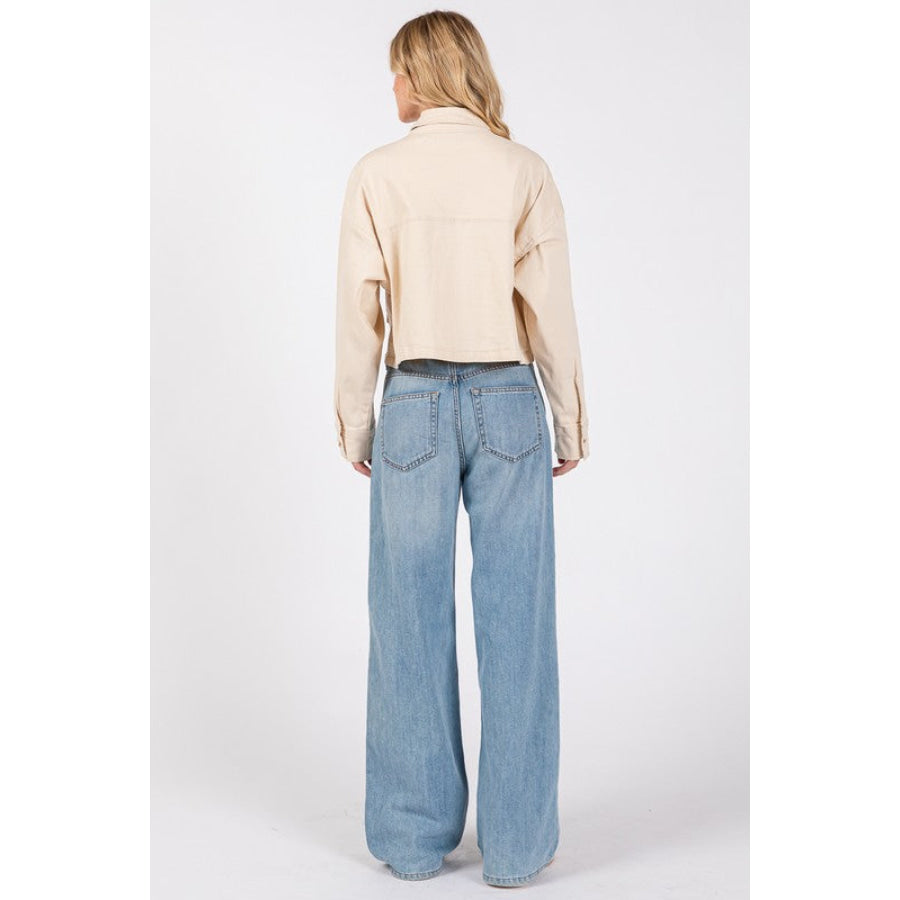 bytos Button Down Cropped Denim Jacket with Patch Pockets Tan / S Apparel and Accessories