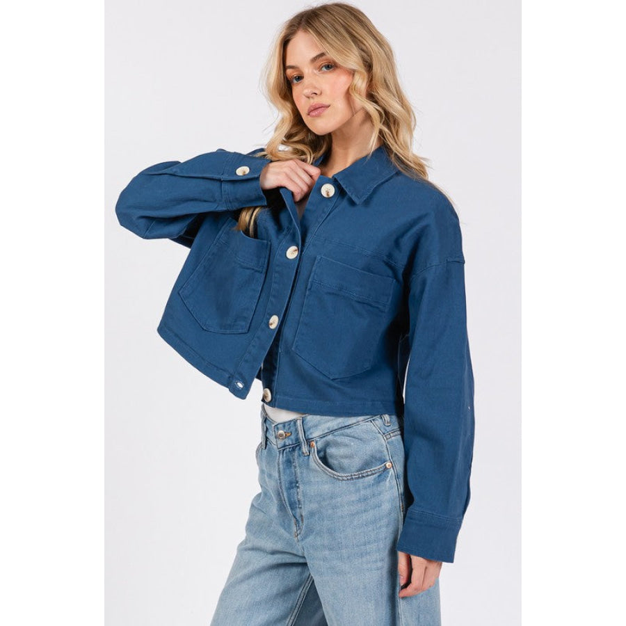 bytos Button Down Cropped Denim Jacket with Patch Pockets Apparel and Accessories