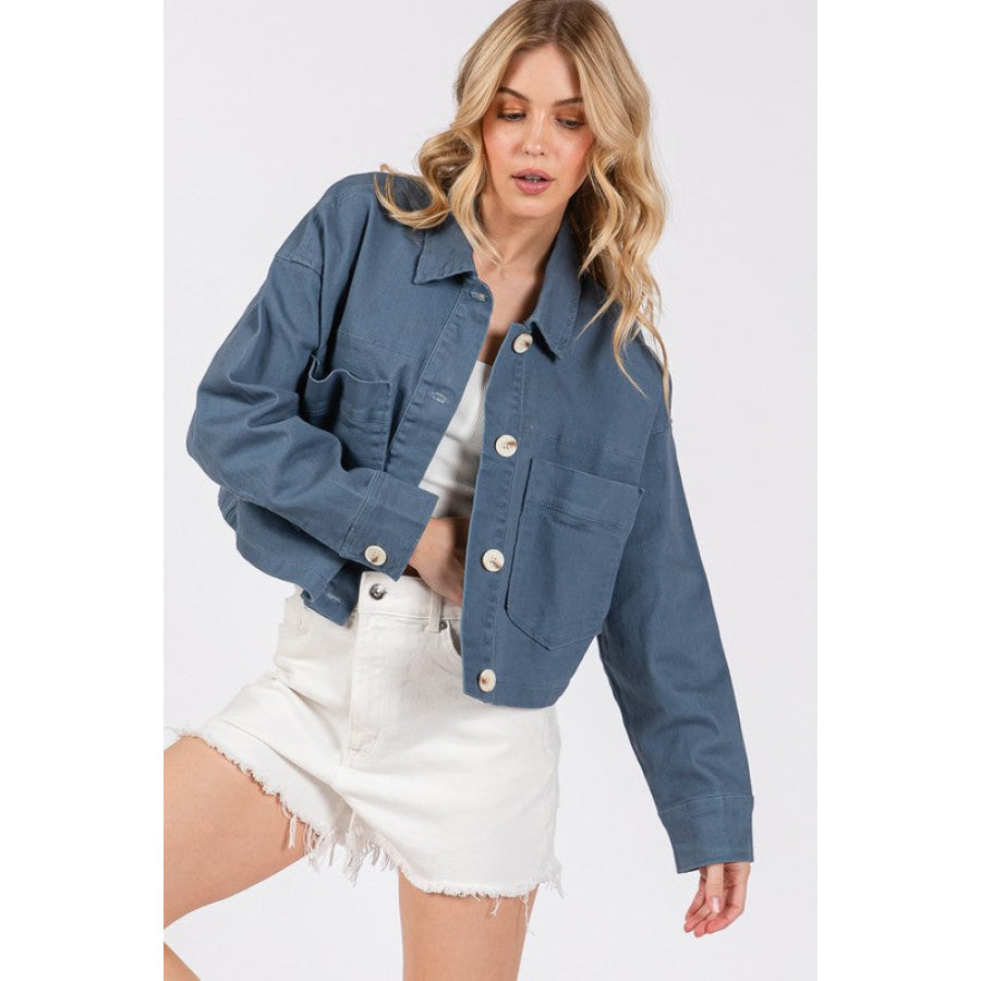 bytos Button Down Cropped Denim Jacket with Patch Pockets Apparel and Accessories