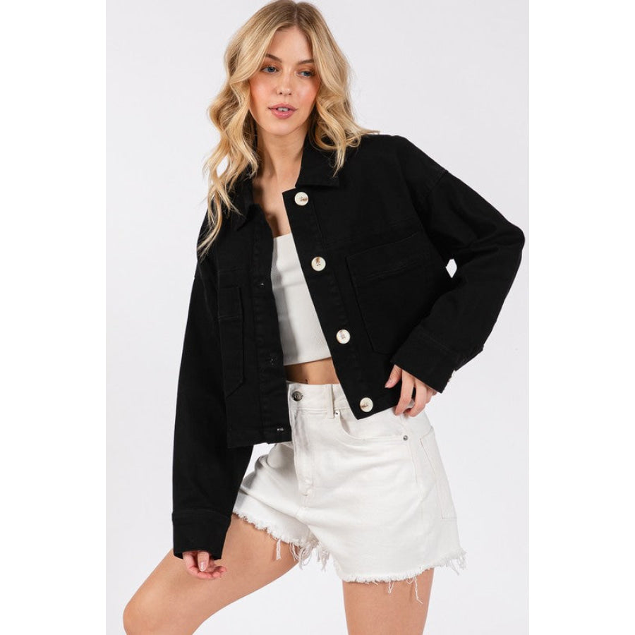 bytos Button Down Cropped Denim Jacket with Patch Pockets Black / S Apparel and Accessories