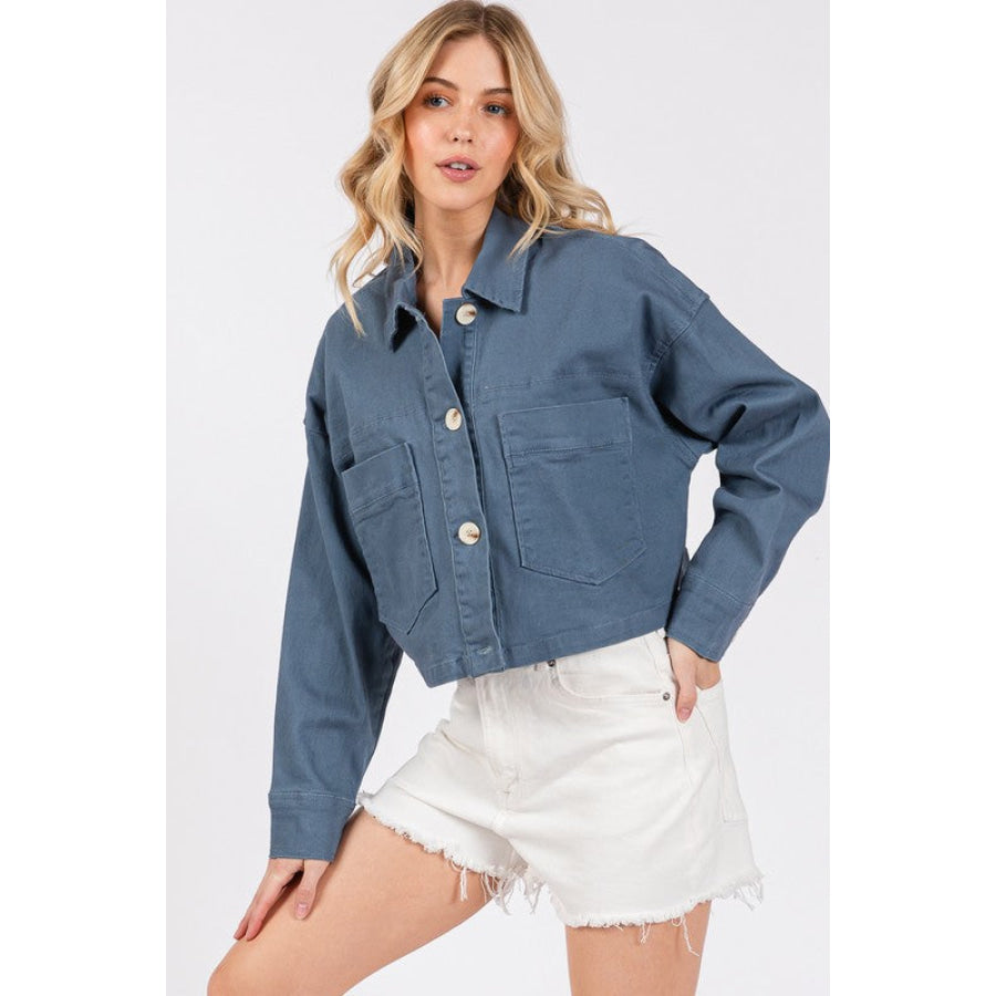 bytos Button Down Cropped Denim Jacket with Patch Pockets French Blue / S Apparel and Accessories