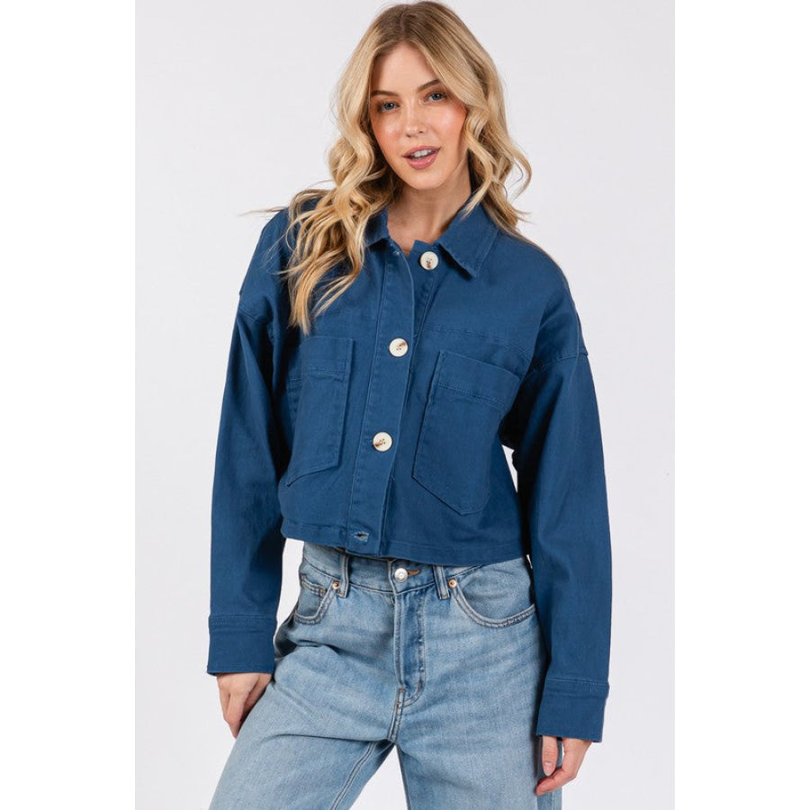 bytos Button Down Cropped Denim Jacket with Patch Pockets Peacock Blue / S Apparel and Accessories