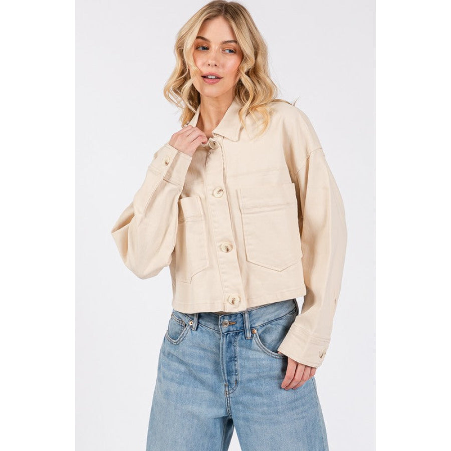 bytos Button Down Cropped Denim Jacket with Patch Pockets Tan / S Apparel and Accessories