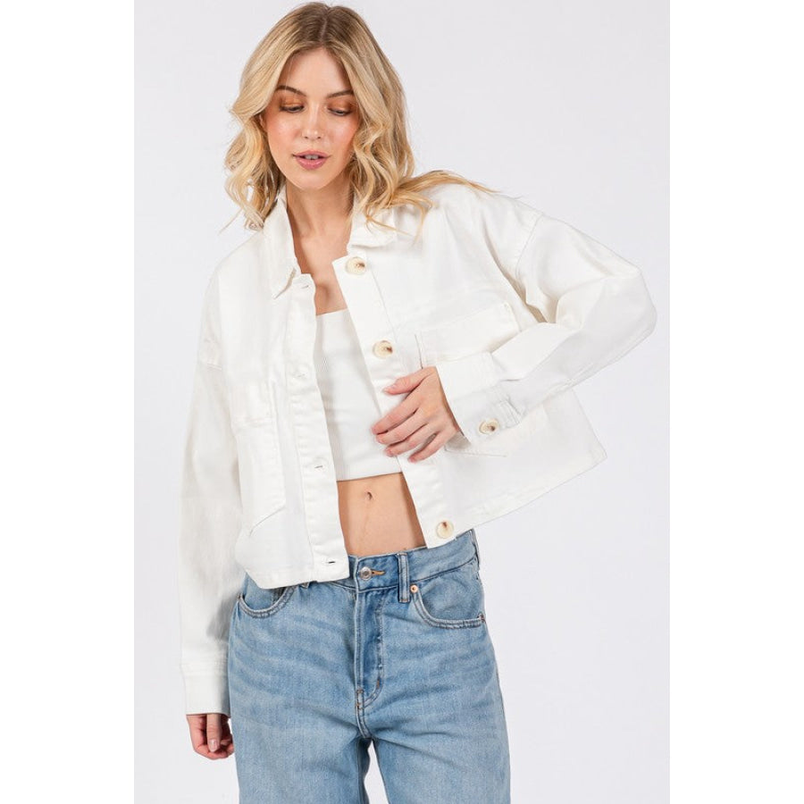 bytos Button Down Cropped Denim Jacket with Patch Pockets White / S Apparel and Accessories