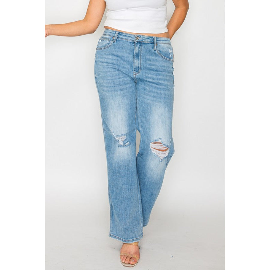 bytos Full Size Distressed High Rise Straight Jeans Apparel and Accessories