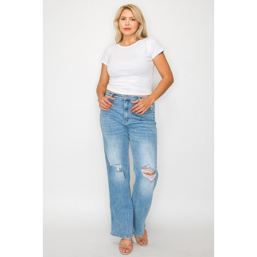 bytos Full Size Distressed High Rise Straight Jeans Apparel and Accessories