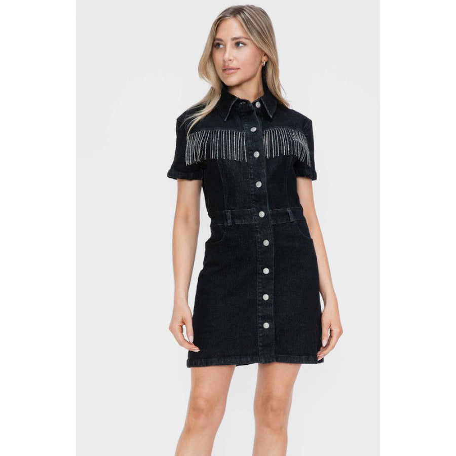 bytos Full Size Embellished Button Down Short Sleeve Denim Dress Black / S Apparel and Accessories