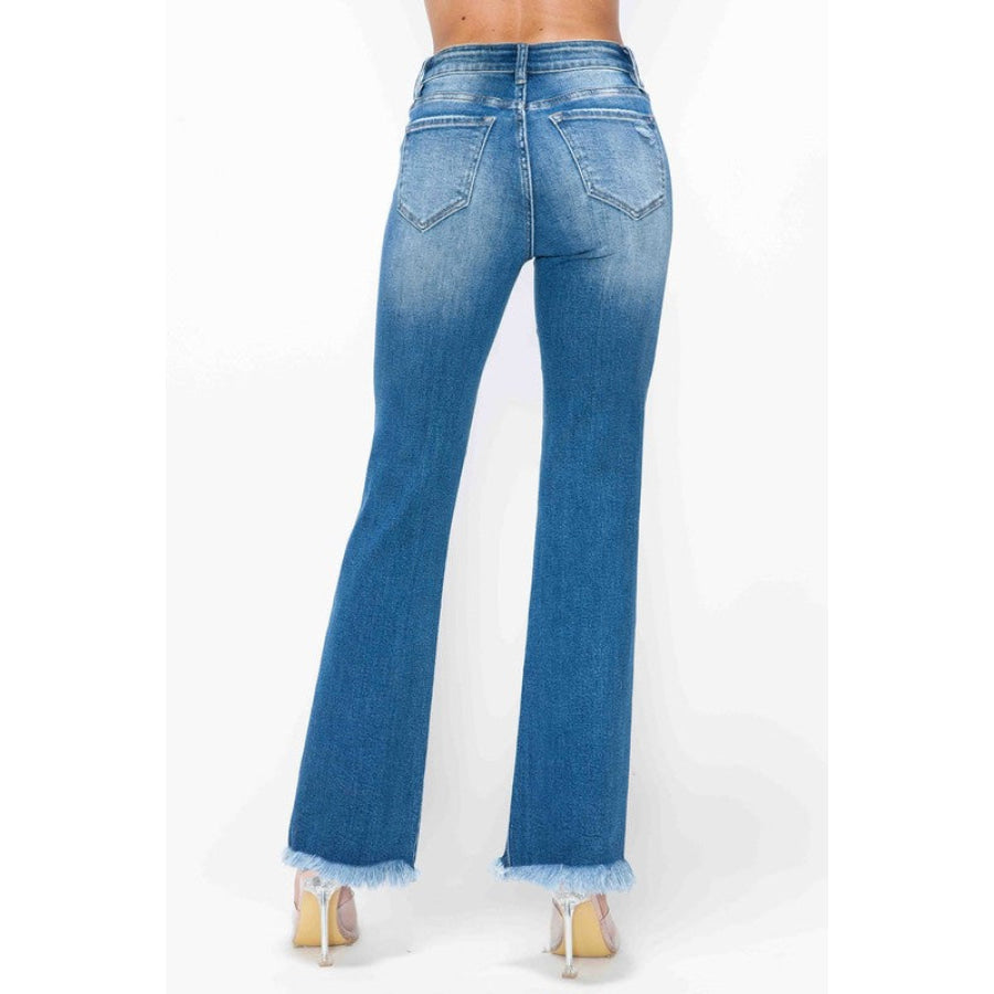 bytos Full Size Raw Hem Distressed High Rise Bootcut Jeans Medium / 1(25) Apparel and Accessories