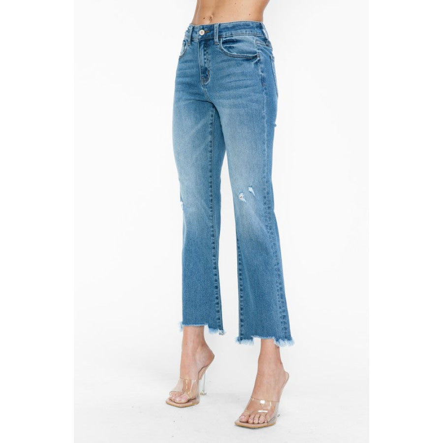 bytos Raw Hem Distressed Mid Rise Crop Jeans Apparel and Accessories