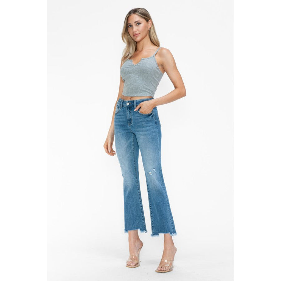 bytos Raw Hem Distressed Mid Rise Crop Jeans Apparel and Accessories