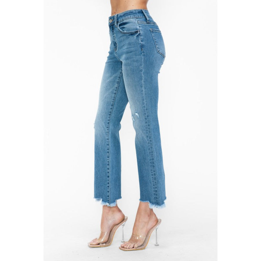 bytos Raw Hem Distressed Mid Rise Crop Jeans Apparel and Accessories