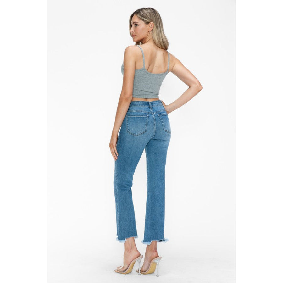 bytos Raw Hem Distressed Mid Rise Crop Jeans Apparel and Accessories