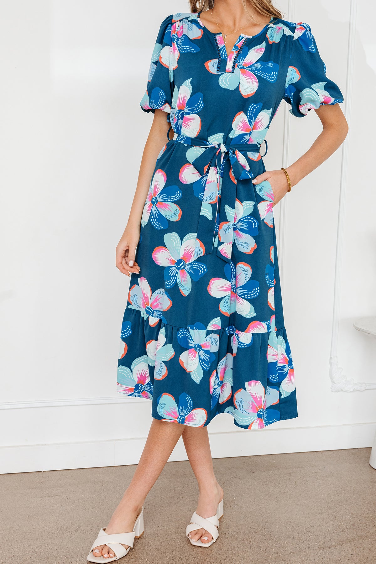 Blue Floral Print Short Puff Sleeve Ruffle Hem Belted Long Dress