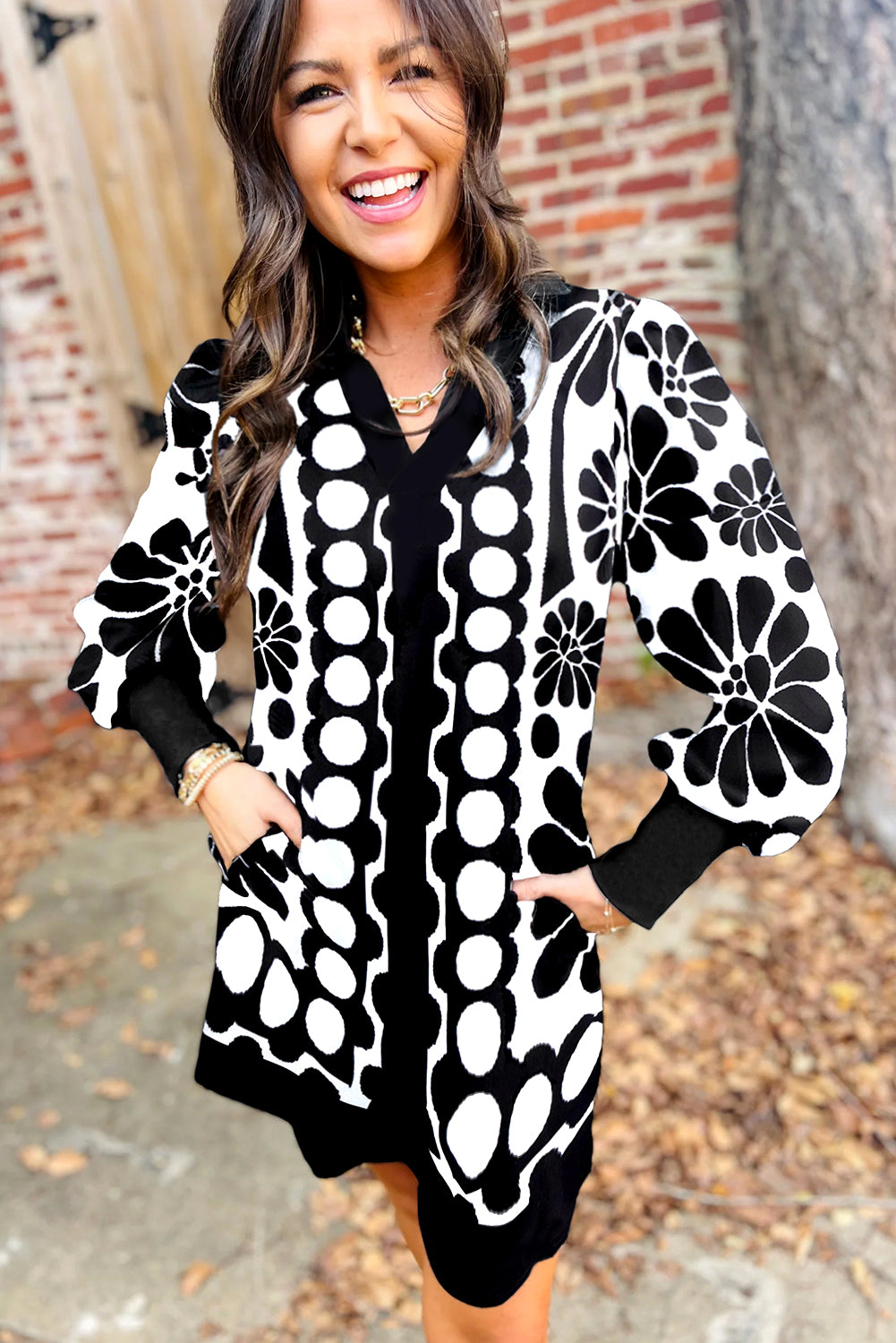 Black Polka Dot Floral Printed V Neck Long Sleeve Shift Mini Dress