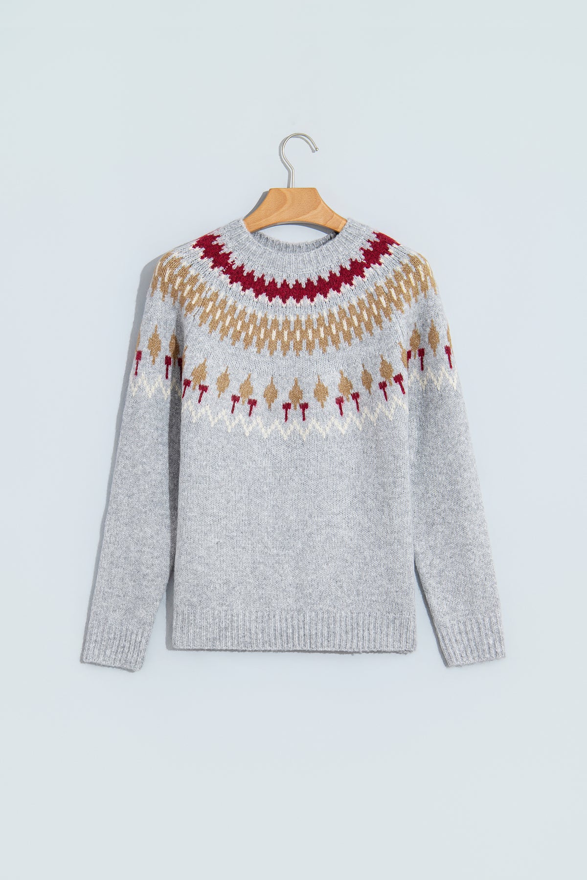 Gray Geometric Detail Round Neck Winter Sweater