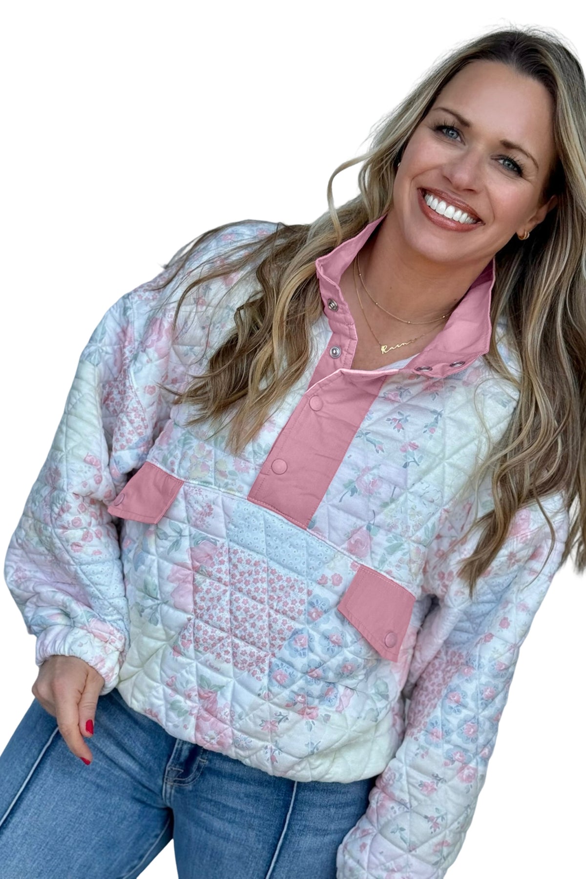 Pink Floral Quilted V-Neck Plus Size Fake Pocket Sweatshirt