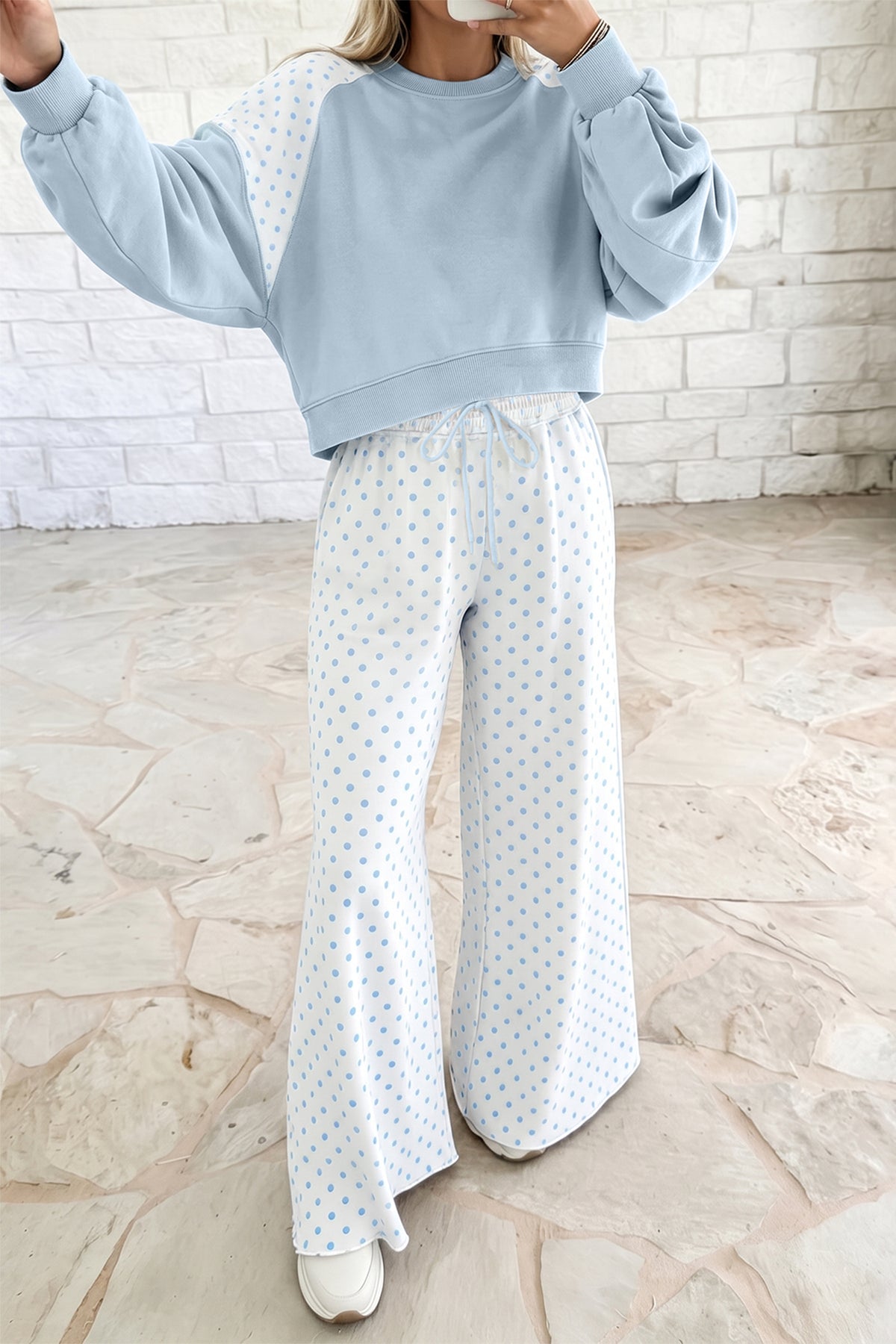 Light Blue Polka Dot Patchwork Colorblock Long Sleeve Casual Two Piece Pants Set