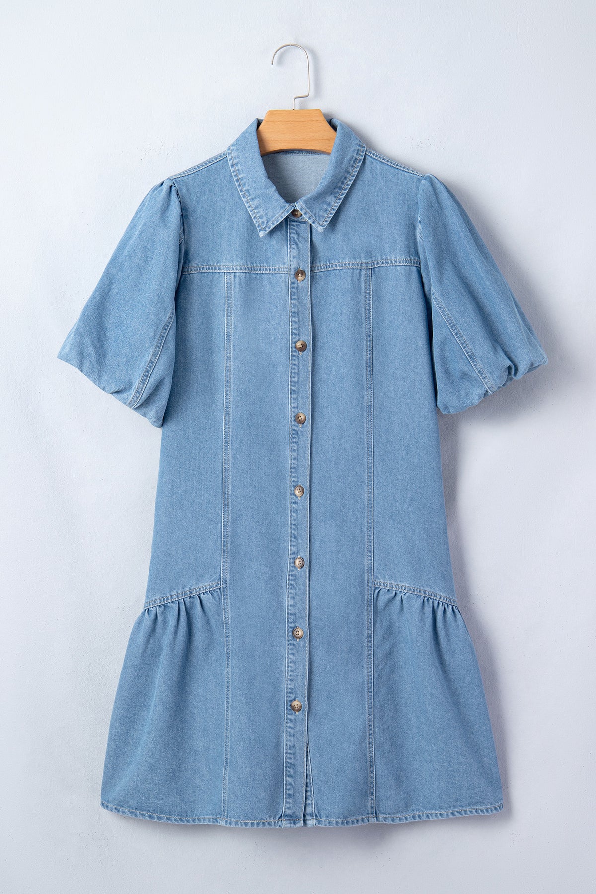 Beau Blue Button Down Short Puff Sleeve Ruffle Hem Patchwork Denim Dress