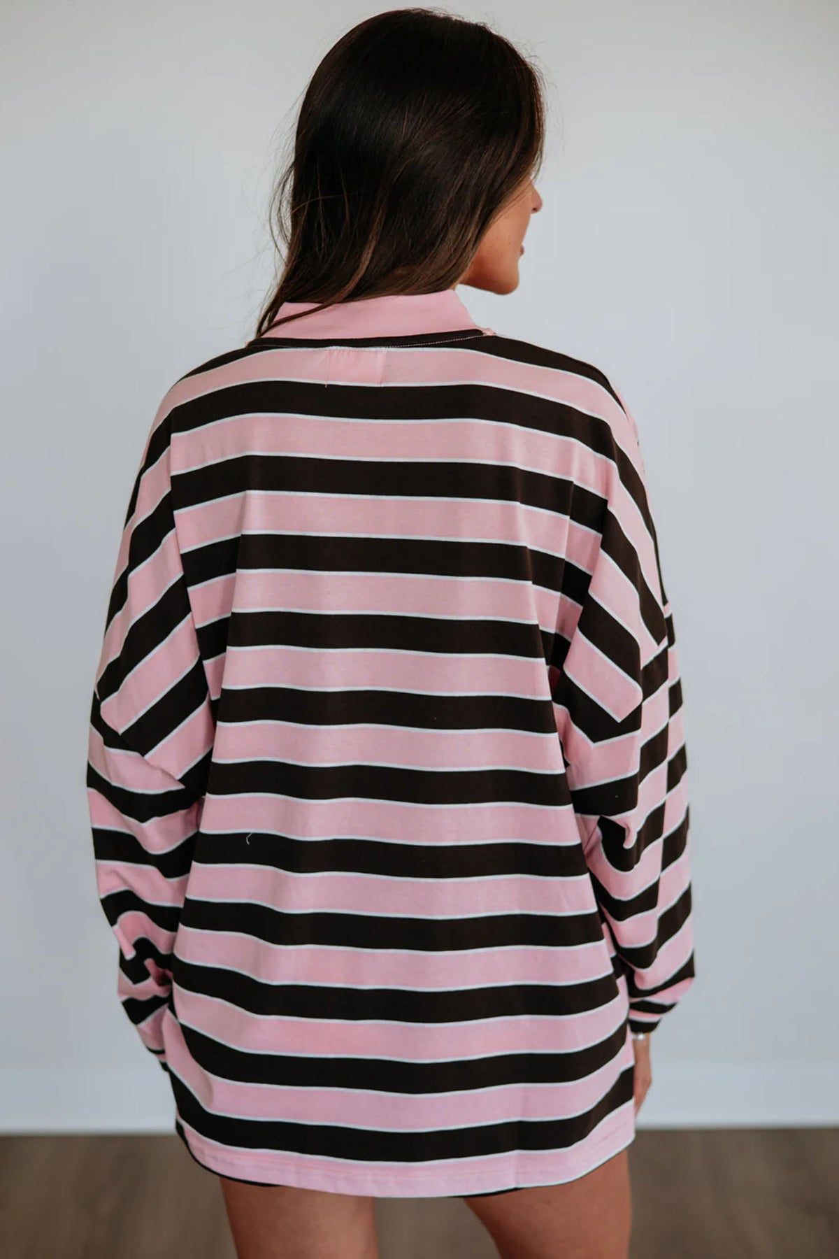 Pink Stripe Oversized Long Sleeve Top Elastic Waist Shorts Casual 2pcs Set