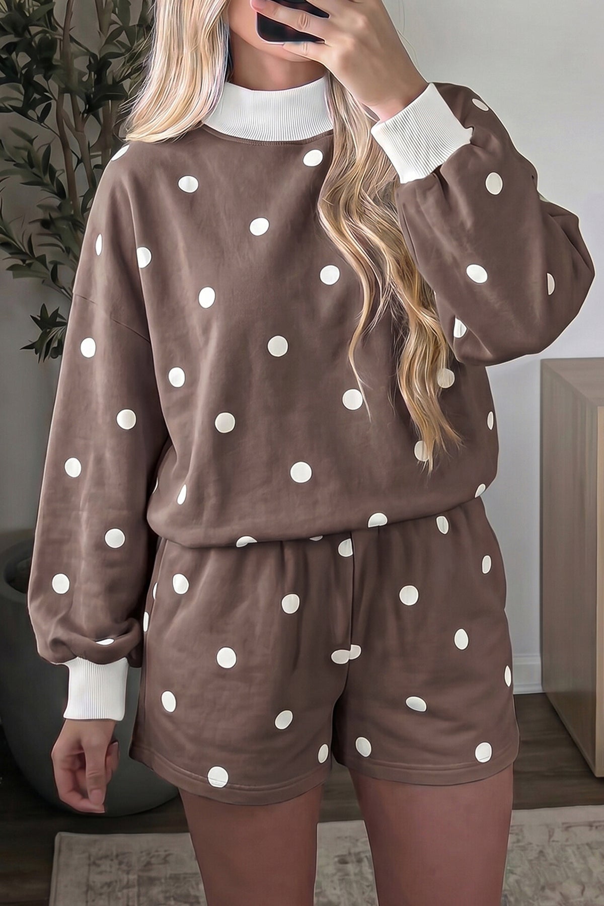 Pink Polka Dot Ribbed Trim Long Sleeve Top Casual Short Set