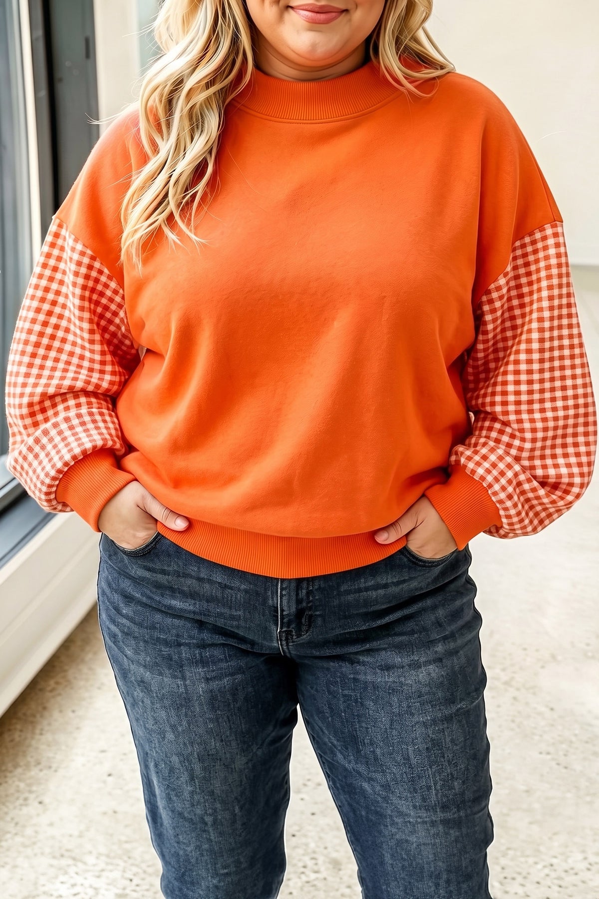 Black Patchwork Plaid Loose Fit Long Sleeve Plus Size Sweatshirt