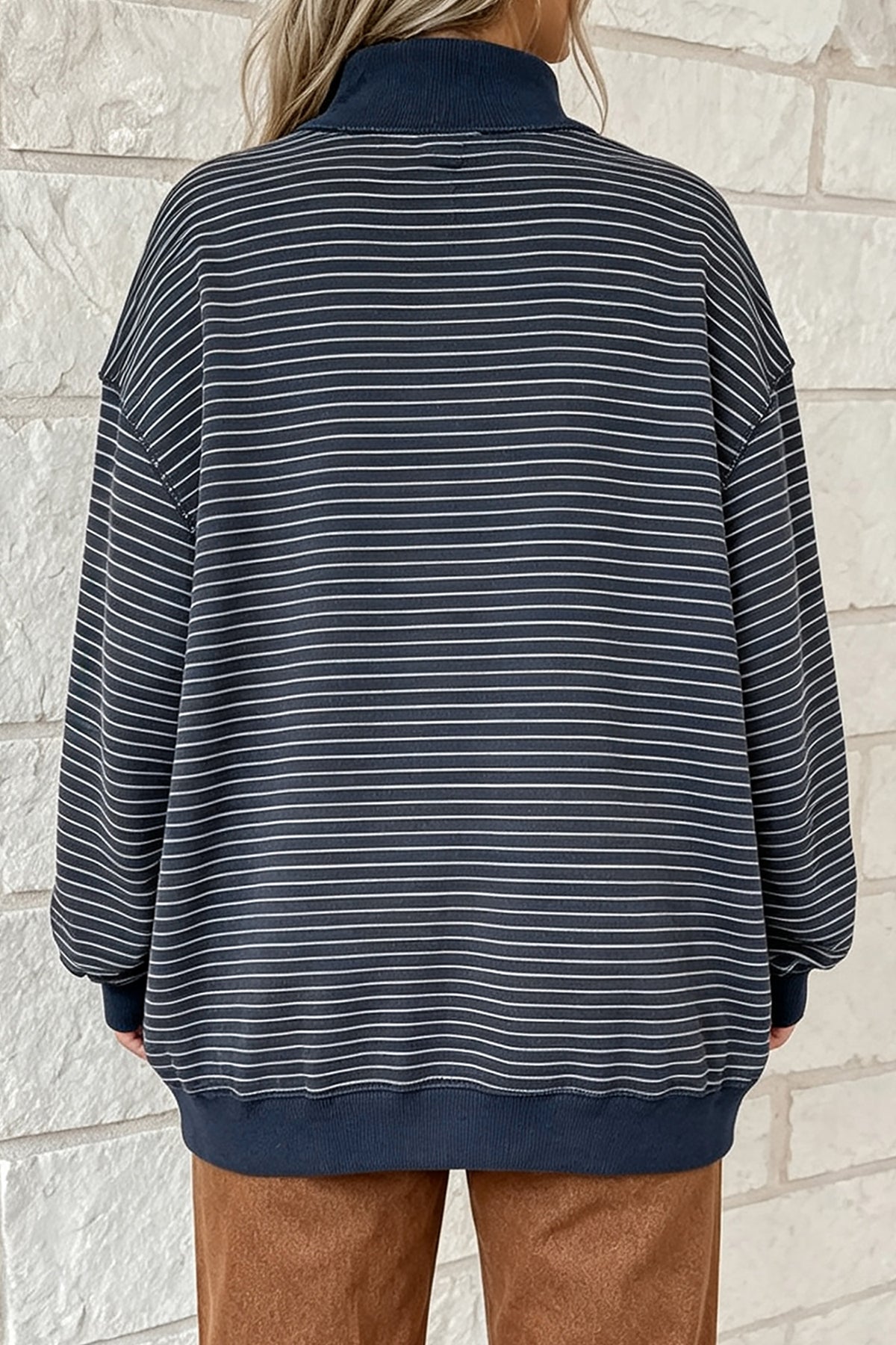 Green Stripe Ribbed Color Block Mock Neck Oversized Sweatshirt
