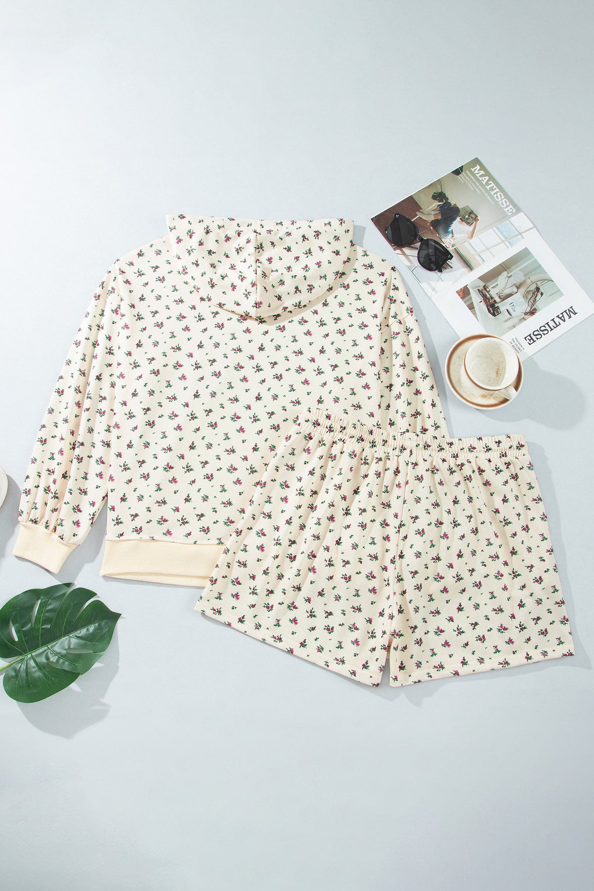 Beige Floral Print Hooded Long Sleeve Plus Size Set