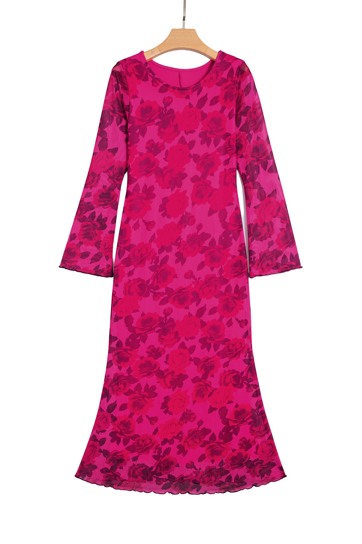 Red Floral Print Cuff Hem Serging Long Sleeve Sheath Dress