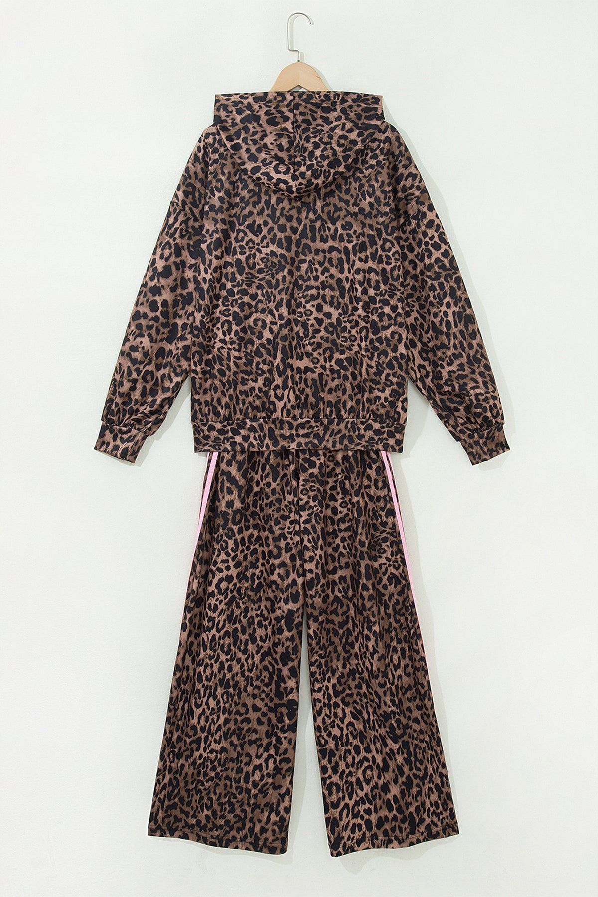 Brown Leopard Print Contrast Striped Detail Long Sleeve Top Pant Set
