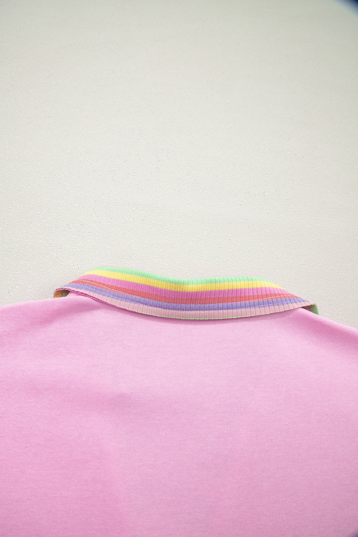 Pink Rainbow Stripe Ribbed Patchwork Raw Seam Oversize Polo Tee