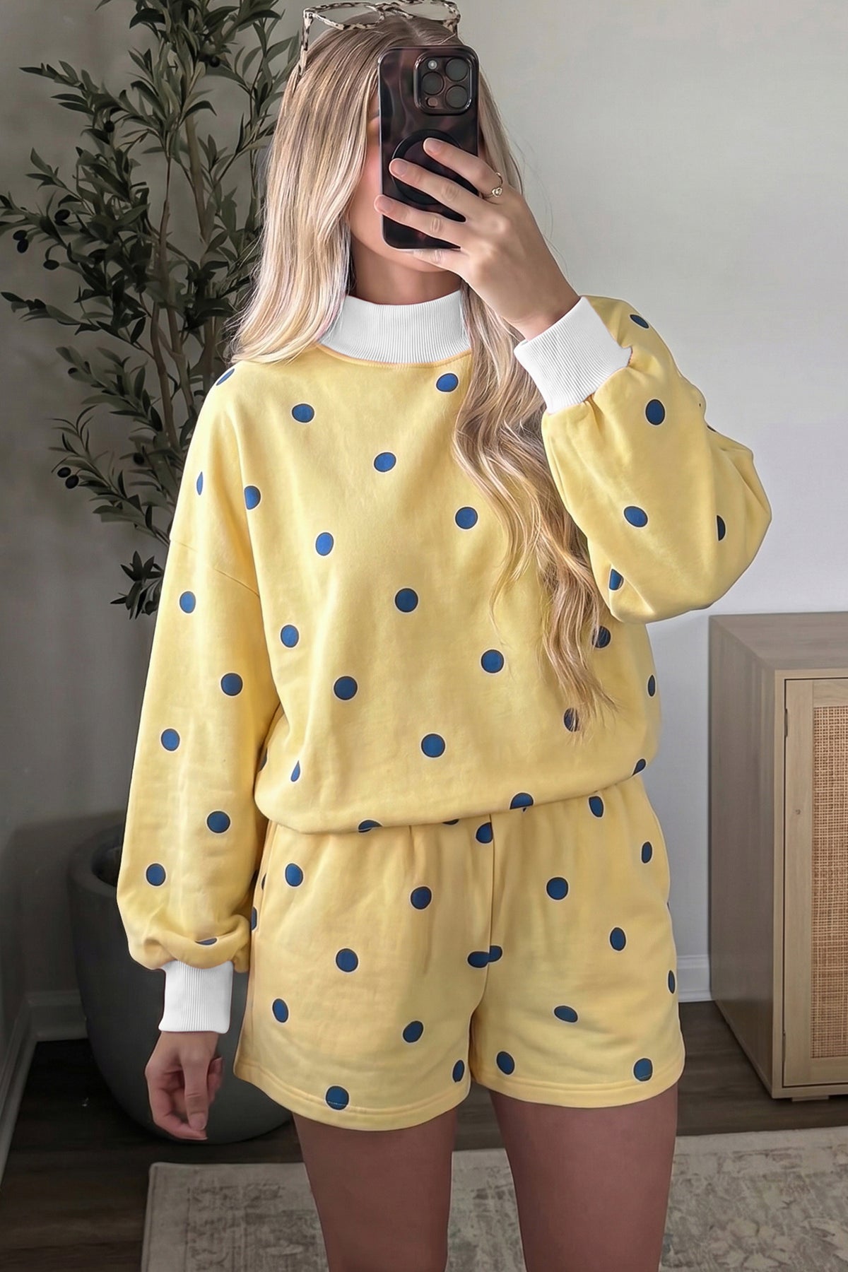 Pink Polka Dot Ribbed Trim Long Sleeve Top Casual Short Set