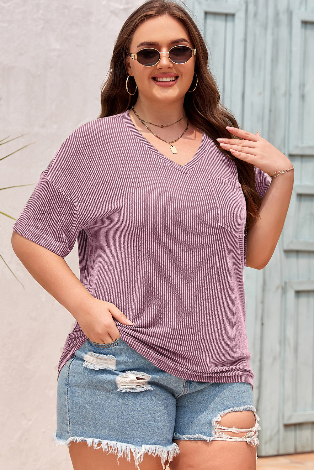 Black Textured V-Neck Dropped Shoulder Plus T-Shirt