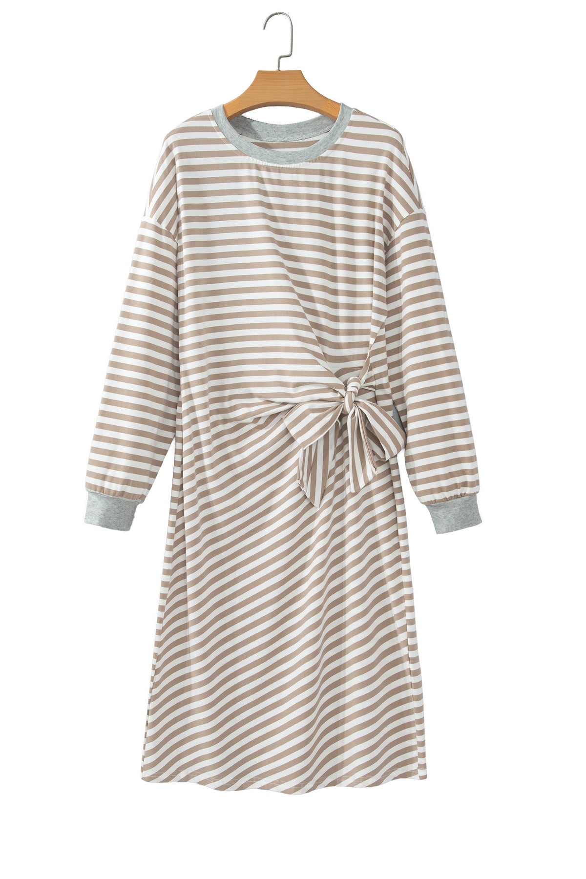 Brown Stripe Striped Colorblock Cuffs Round Neck Long Sleeve Shift Dress