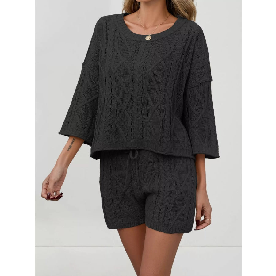 Cable Knit 3/4 Sleeve Sweater and Shorts Set Apparel and Accessories