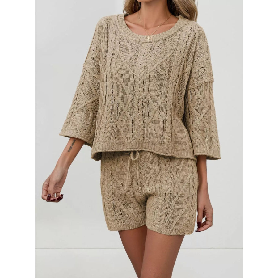 Cable Knit 3/4 Sleeve Sweater and Shorts Set Apparel and Accessories