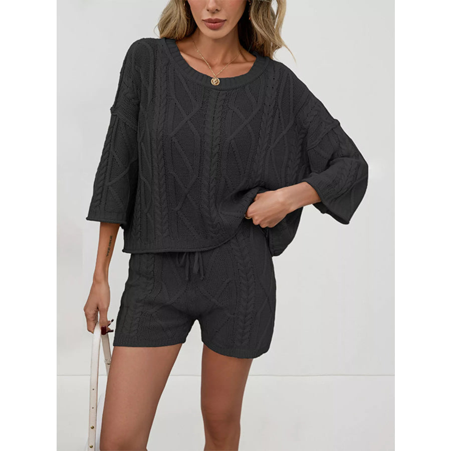 Cable Knit 3/4 Sleeve Sweater and Shorts Set Black / S Apparel and Accessories